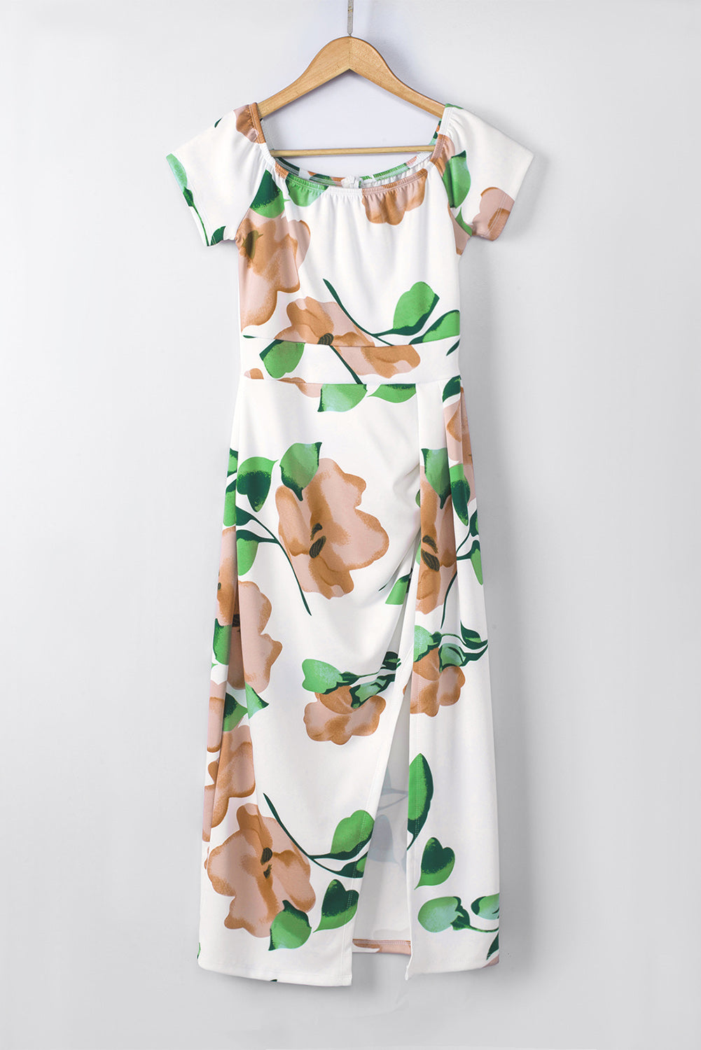 Robe mi-longue moulante fendue à épaules dénudées et imprimé floral vert