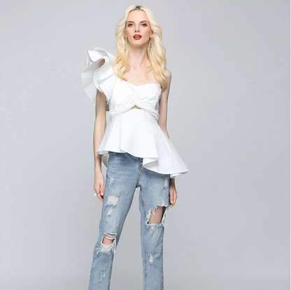 Irregular one-shoulder sleeve tube top shirt