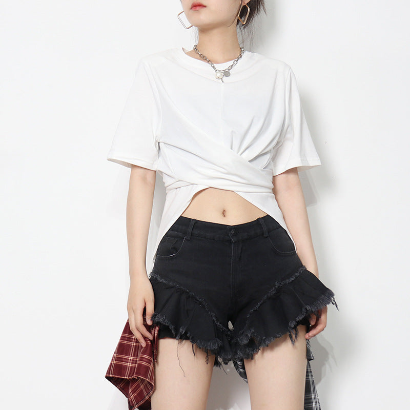 Solid Color Irregular Straps Personality Round Neck Casual TOp