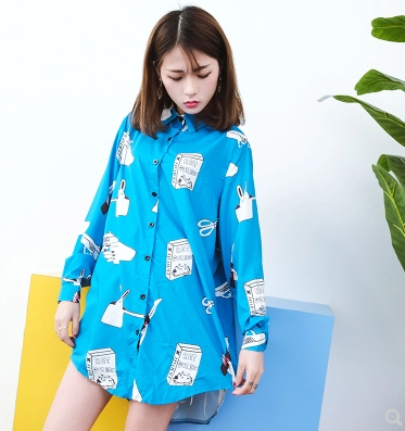 New Harajuku style English cartoon pistol loose long sleeve long shirt women