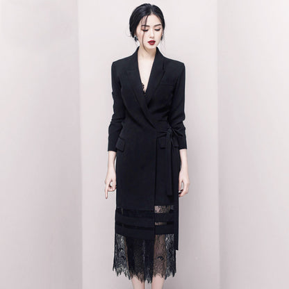 Lace Long Patchwork Suit Skirt Black Dress