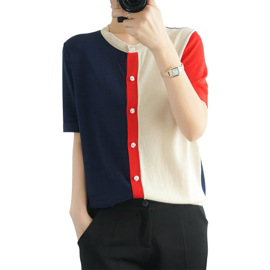 Color Block V-neck Air-conditioning Shirt Solid Color Short Coat Top