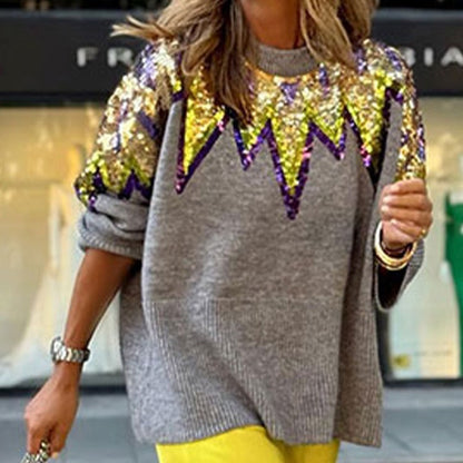 Loose Round Neck Long Sleeve Fashion Colorblock Sequined Pullover Sweater