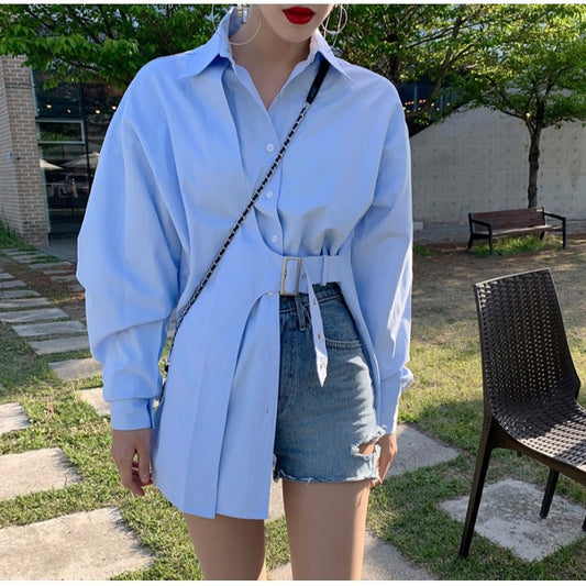 Chemise mi-longue avec ceinture unilatérale Top Harajuku