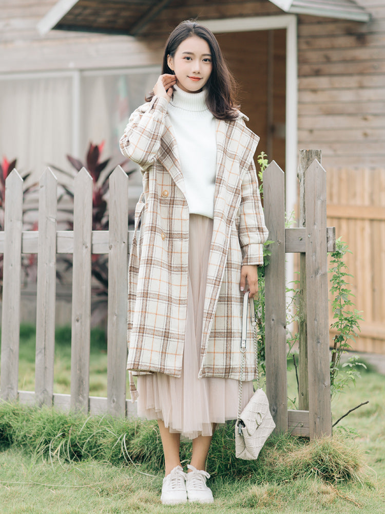 Plaid Beige Lapel Over-The-Knee Woolen Korean Style Coat