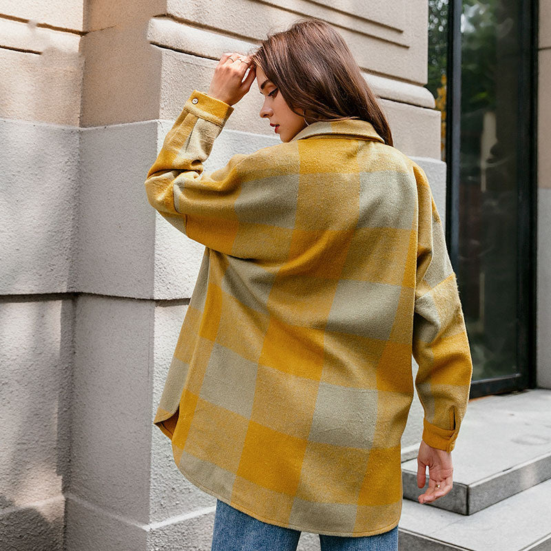 Manteau long à carreaux en laine rouge pour femmes, avec poche