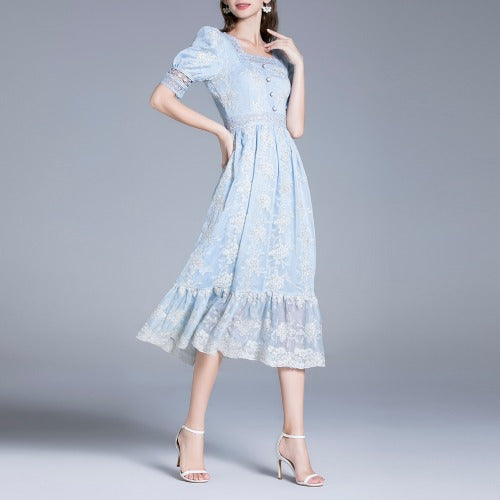 Goddess Temperament Gentle Blue French Mesh Lace Long Dress