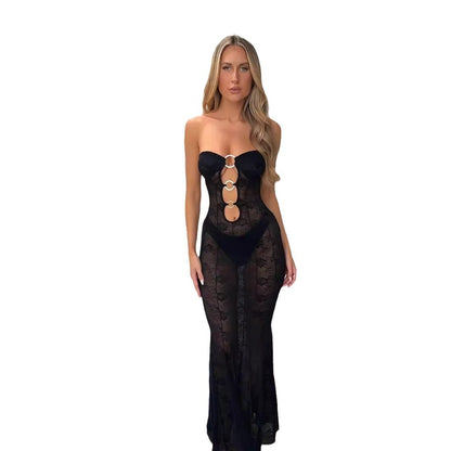 Tube Top Lace Women's Sheer Cutout Long Dress