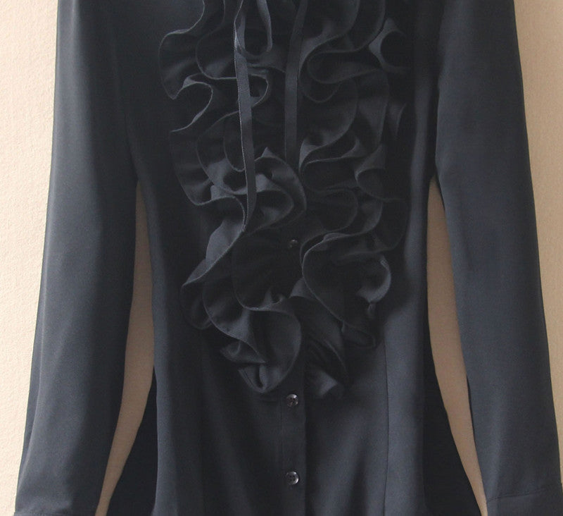 Long sleeve light ruffled stand Collar Chiffon shirt