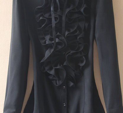 Long sleeve light ruffled stand Collar Chiffon shirt