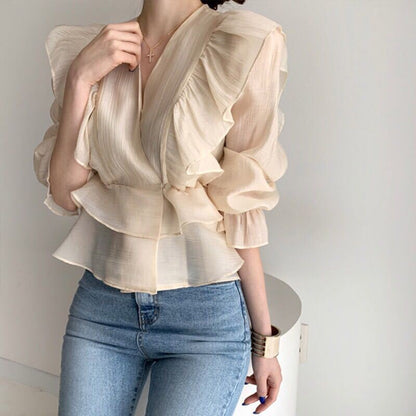 Vintage Hong Kong style ruffled V-neck shirt