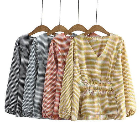 New Loose Fat Mm Korean Version Of Small Lattice V-Neck Long-Sleeved Shirt