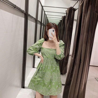 Square Neck Hollow Embroidered Dress