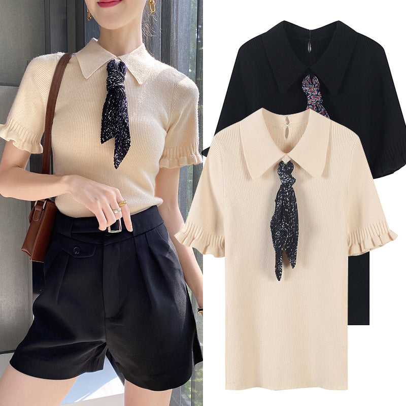 French minority autumn short sleeve slim knit top