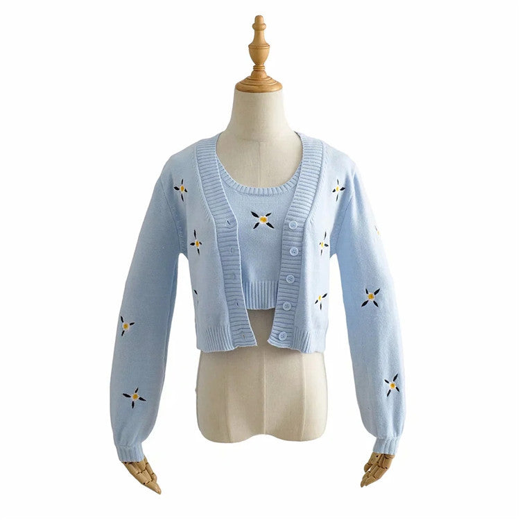 Flower embroidery sweater coat + all-match short vest two-piece women's clothing