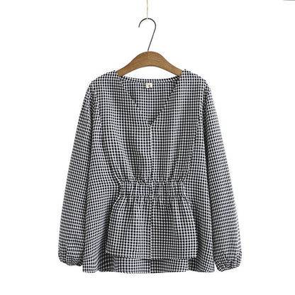 New Loose Fat Mm Korean Version Of Small Lattice V-Neck Long-Sleeved Shirt