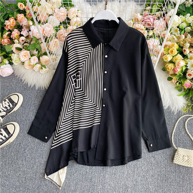 Irregular contrast color women loose shirt