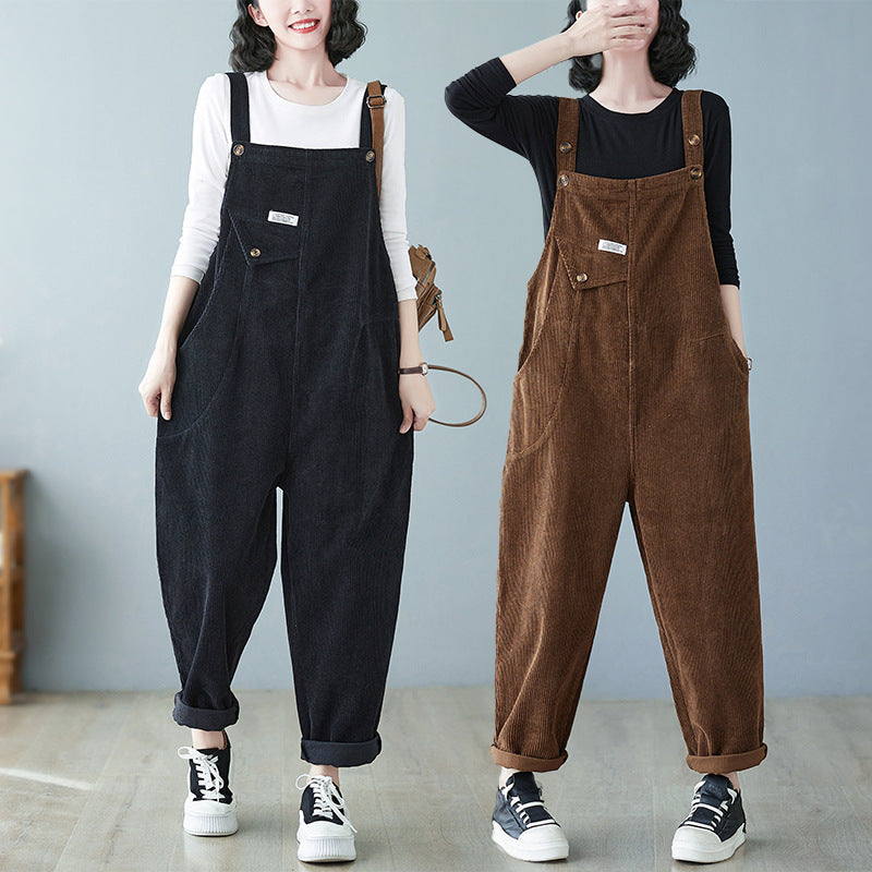 Loose Slimming Harem Suspenders Corduroy Trousers Women