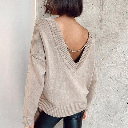 Ladies Sexy Deepv  Back Gold Chain Sweater Women