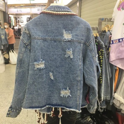 Loose denim jacket with floral sequin embroidery