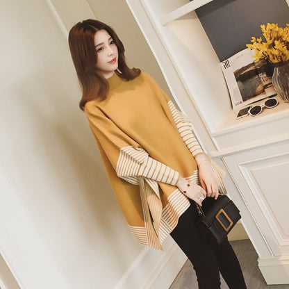 Striped Contrast Color Shawl Women's Long-sleeved Sweater