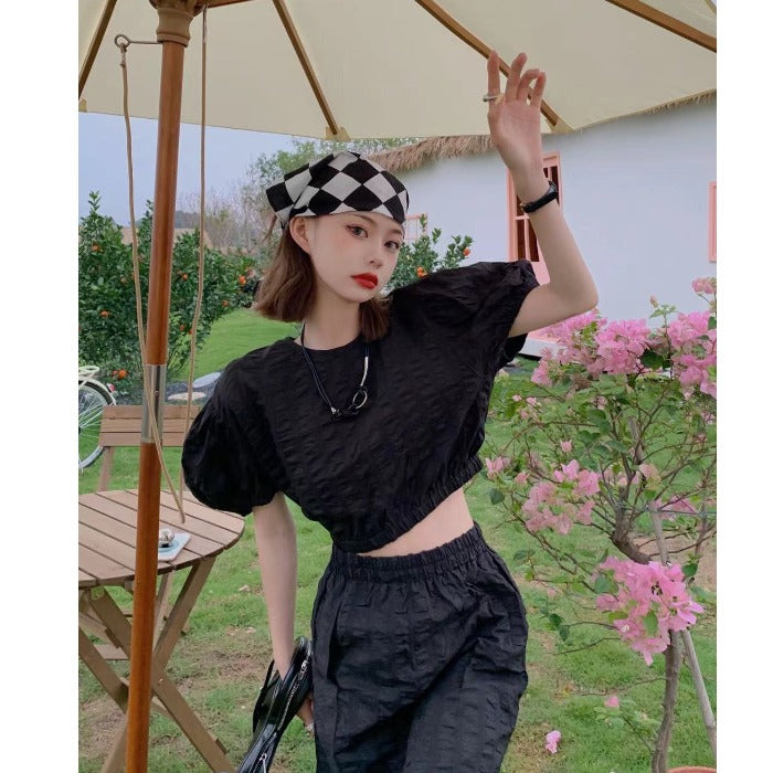 Summer New Style Korean Solid Color Retro Puff Sleeve T-shirt