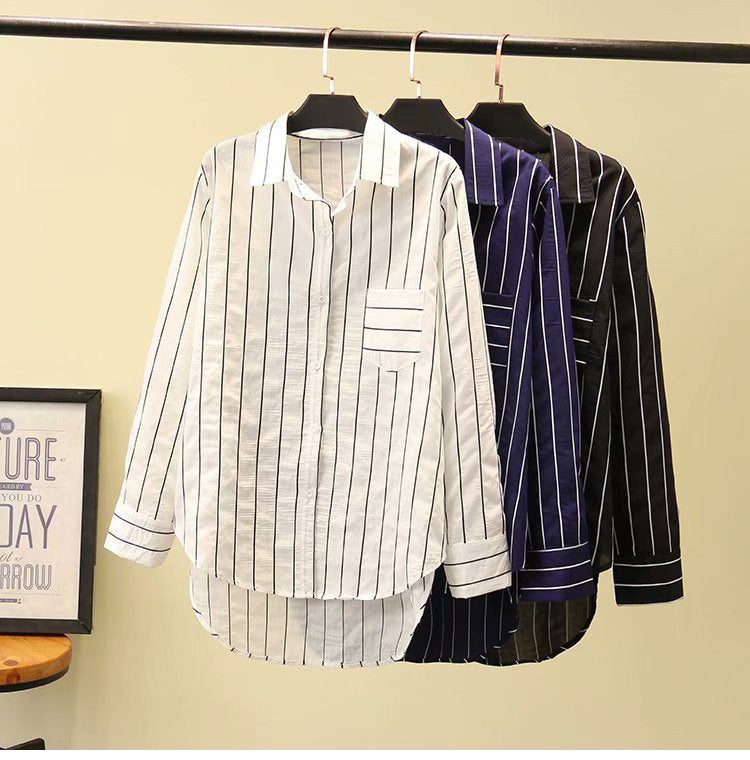 Plus size striped pocket long sleeve shirt