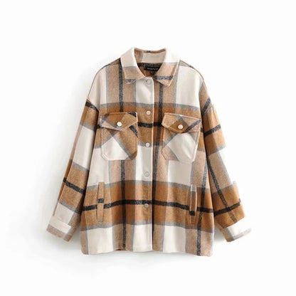 Lazy style lapel classic plaid tweed loose shirt jacket