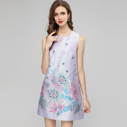 Printed Sleeveless Short Jacquard Dress Women