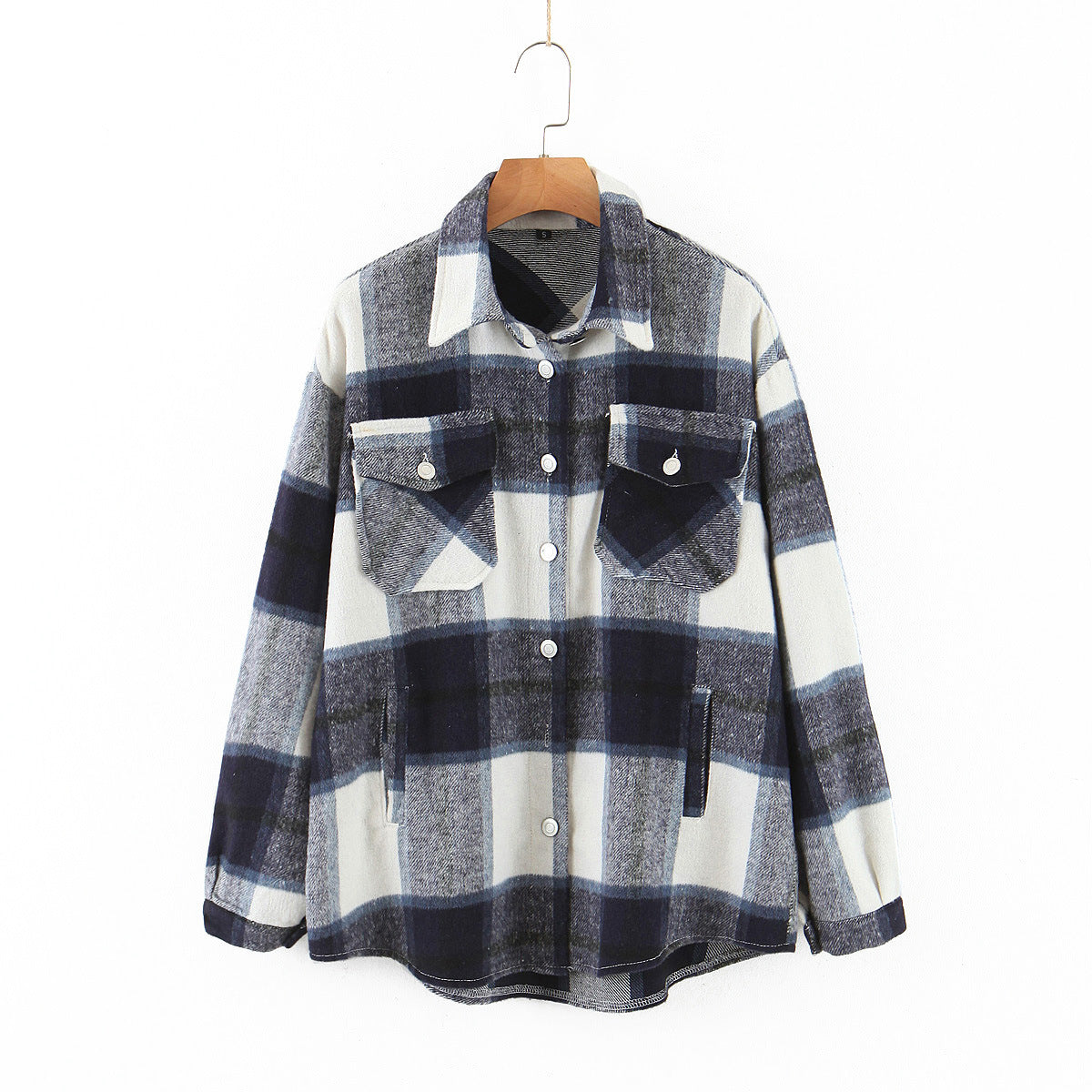 New Lapel Woolen Plaid Shirt Jacket Women