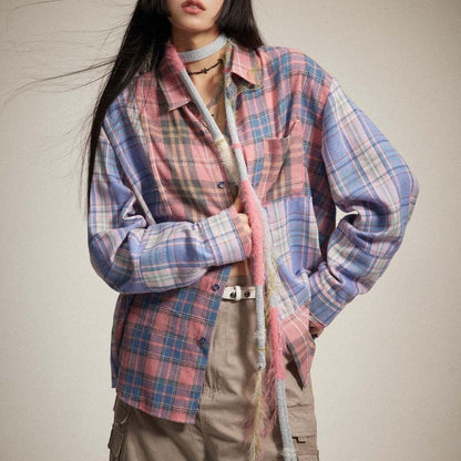 Spring Japanese Style Trend Plaid Stitching Shirt