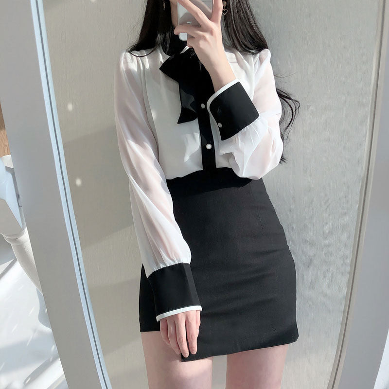 Temperament bottoming shirt bow chiffon shirt