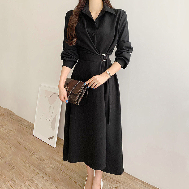 Single-breasted Side Lace-up Waist-controlled Solid Color Below The Knee Long Sleeve Dress