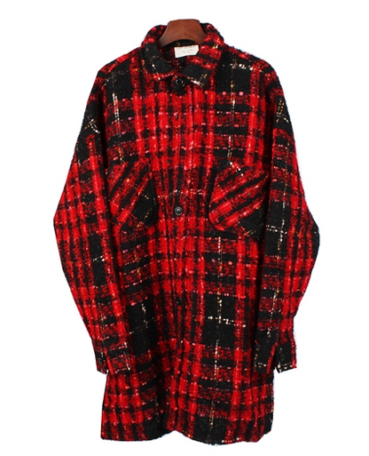 Profil lâche fil d'or laine plaid long high street hipster net rouge avec chemise à manches longues