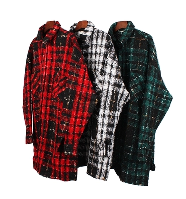 Profil lâche fil d'or laine plaid long high street hipster net rouge avec chemise à manches longues