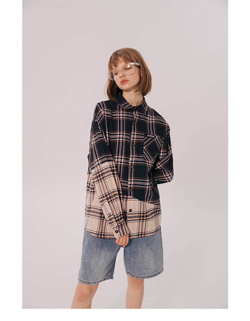 Plaid stitching loose couple long sleeves