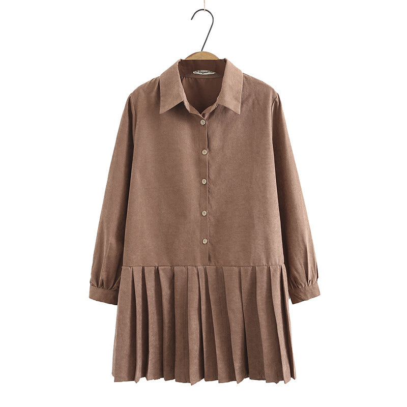 Pleated Dress With Long Sleeves And Shirt Collar