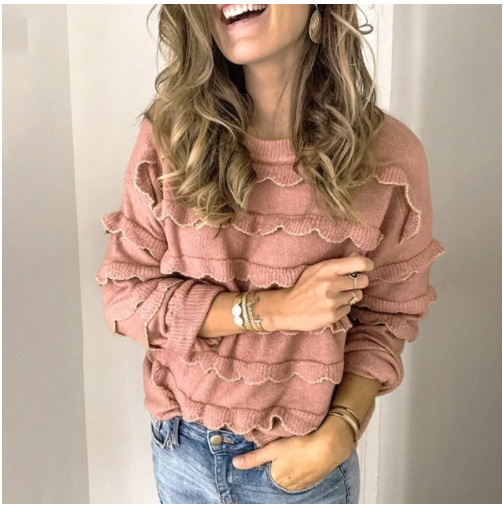 Casual contrast color round neck sweater women