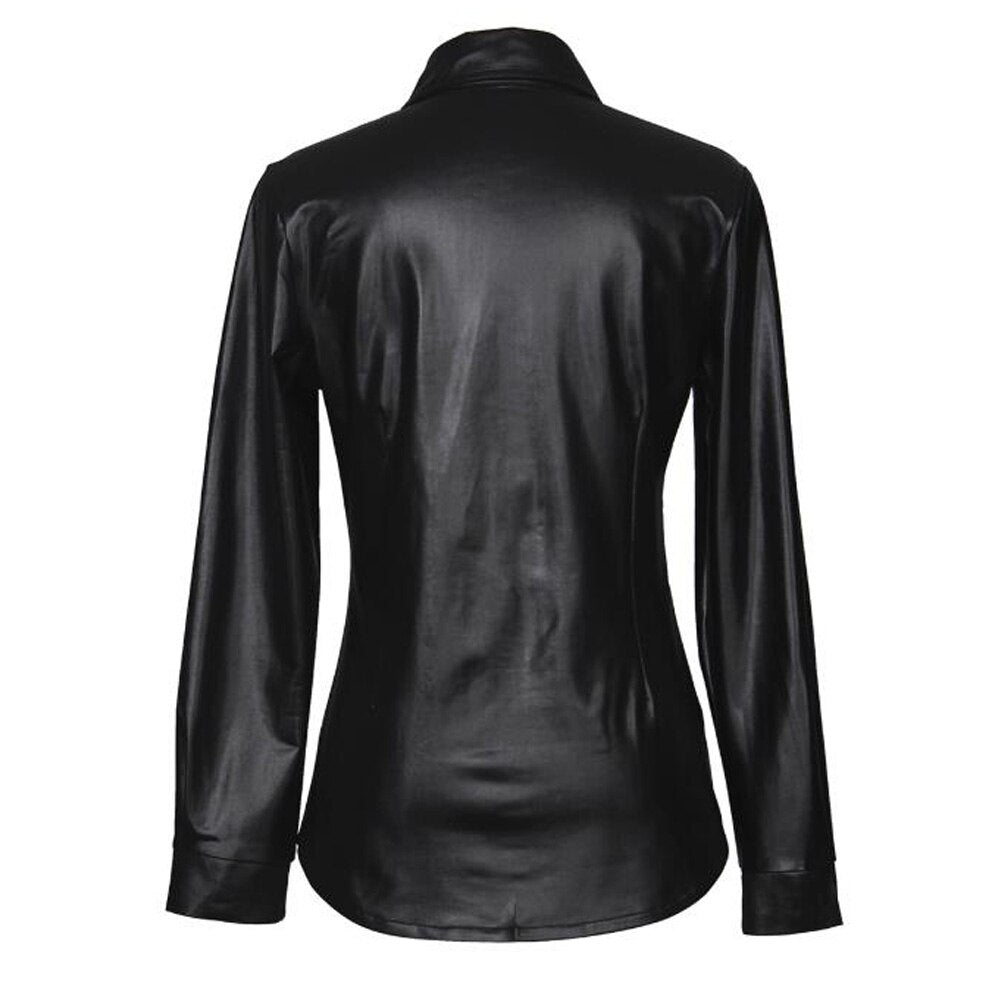 Chemise sexy à manches longues en cuir PU pour femme