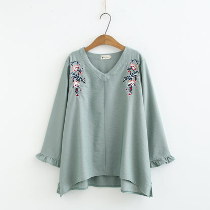 Front embroidered petal sleeve long sleeve shirt