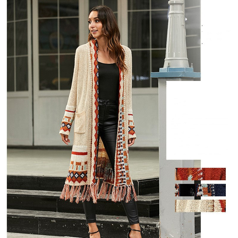 Ancient fringed cardigan jacket loose long sleeves lazy style