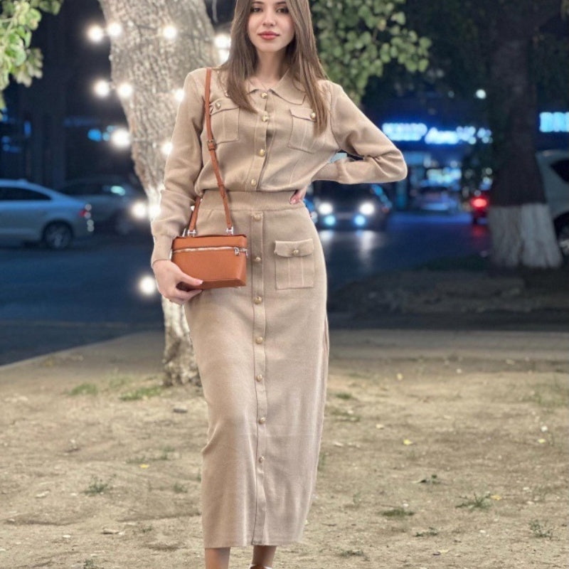 Spring And Autumn Elegant Chic Pleated Lapel Woolen Skirt Suit