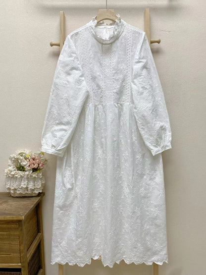 Loose Casual Embroidered Cotton Solid Color Long Sleeve Dress