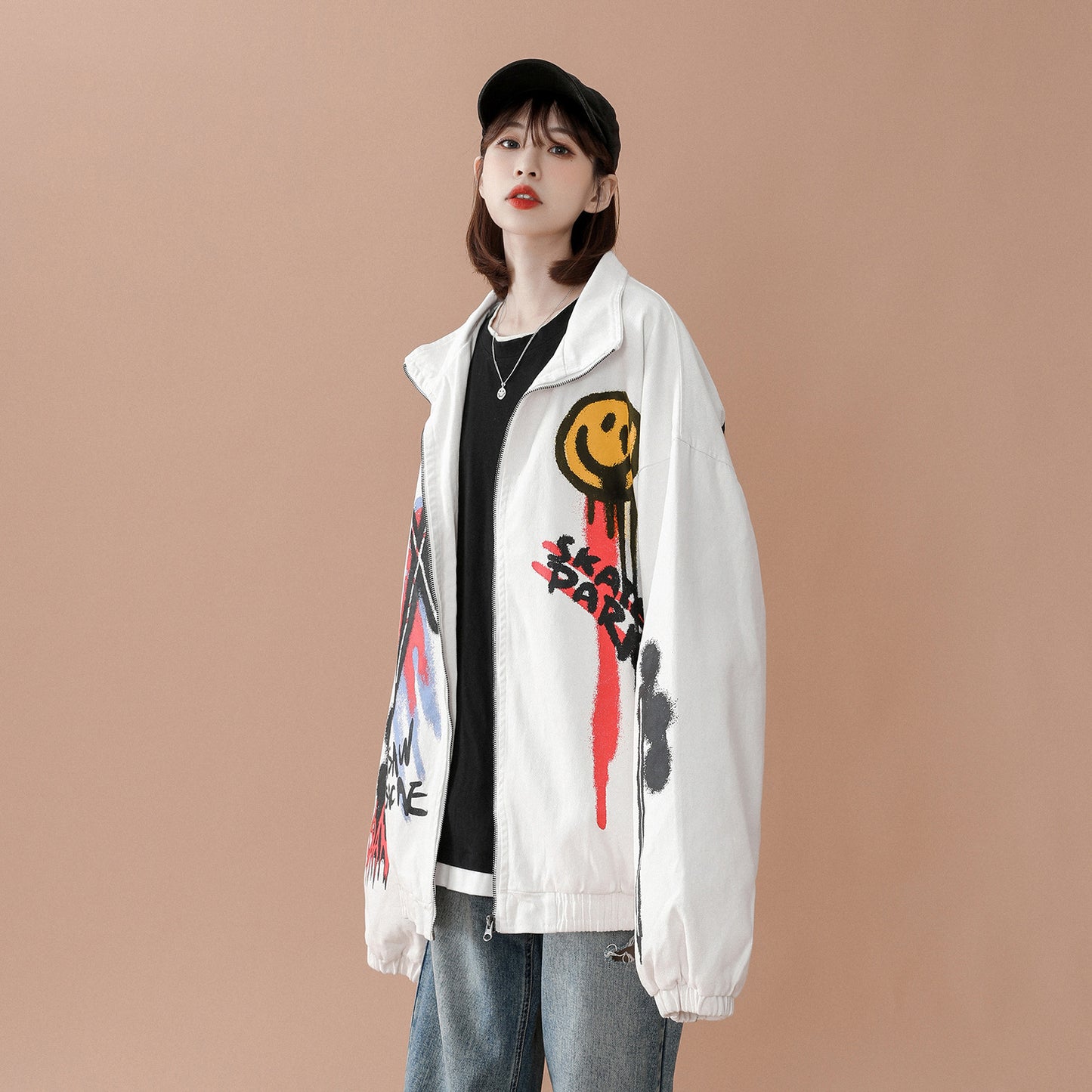 New Hong Kong Style Creative Hand-Painted Loose Long-Sleeved Casual Jacket