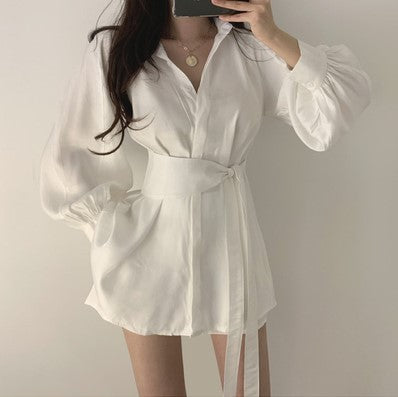 Lace-up long-sleeved shirt with two-piece shorts