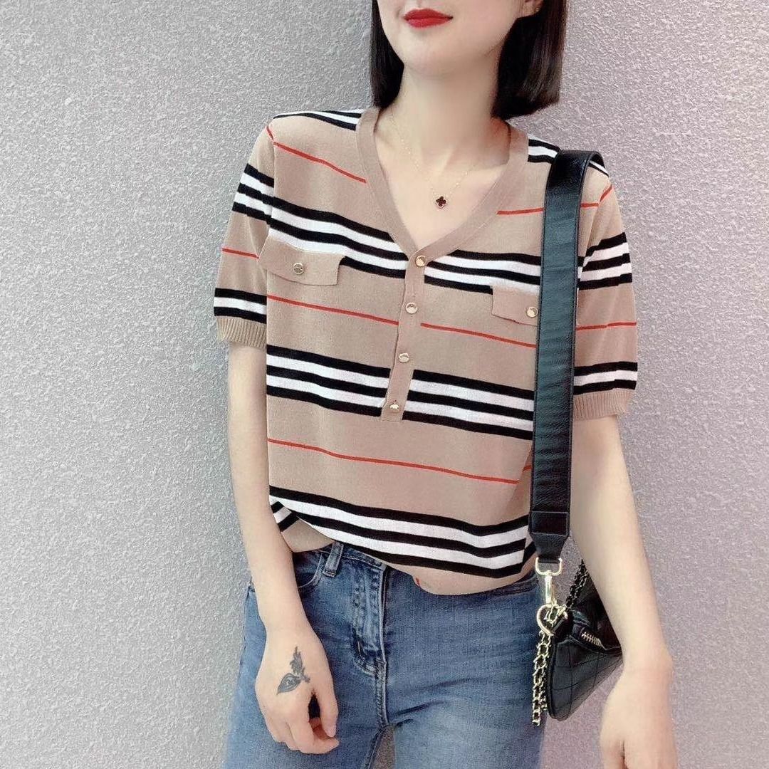 Fake Pocket Striped Ice Silk Sweater Women Short Sleeves