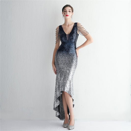 Gradient Sequin Craft Beading Dress Long Banquet Slim-fit Evening Dress