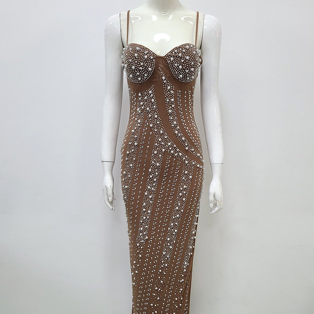 Net Drill Rhinestone Split Strap Dress