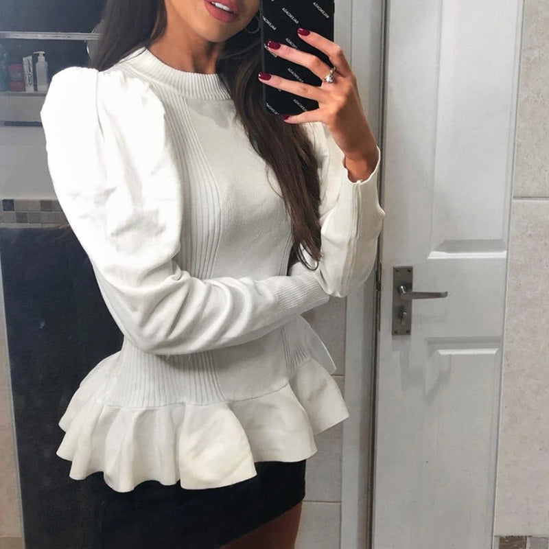 Simple and Elegant Ladies Round Neck Solid Color White Long-Sleeved Sweater Autumn and Winter Female Sweater Ladies Casual Pullover