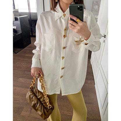 Gold Logo Stripes Imitation Acetate White Shirt Women